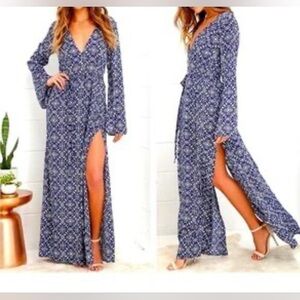 Lulu's Blue and White Wrap Gown with Bell Sleeves